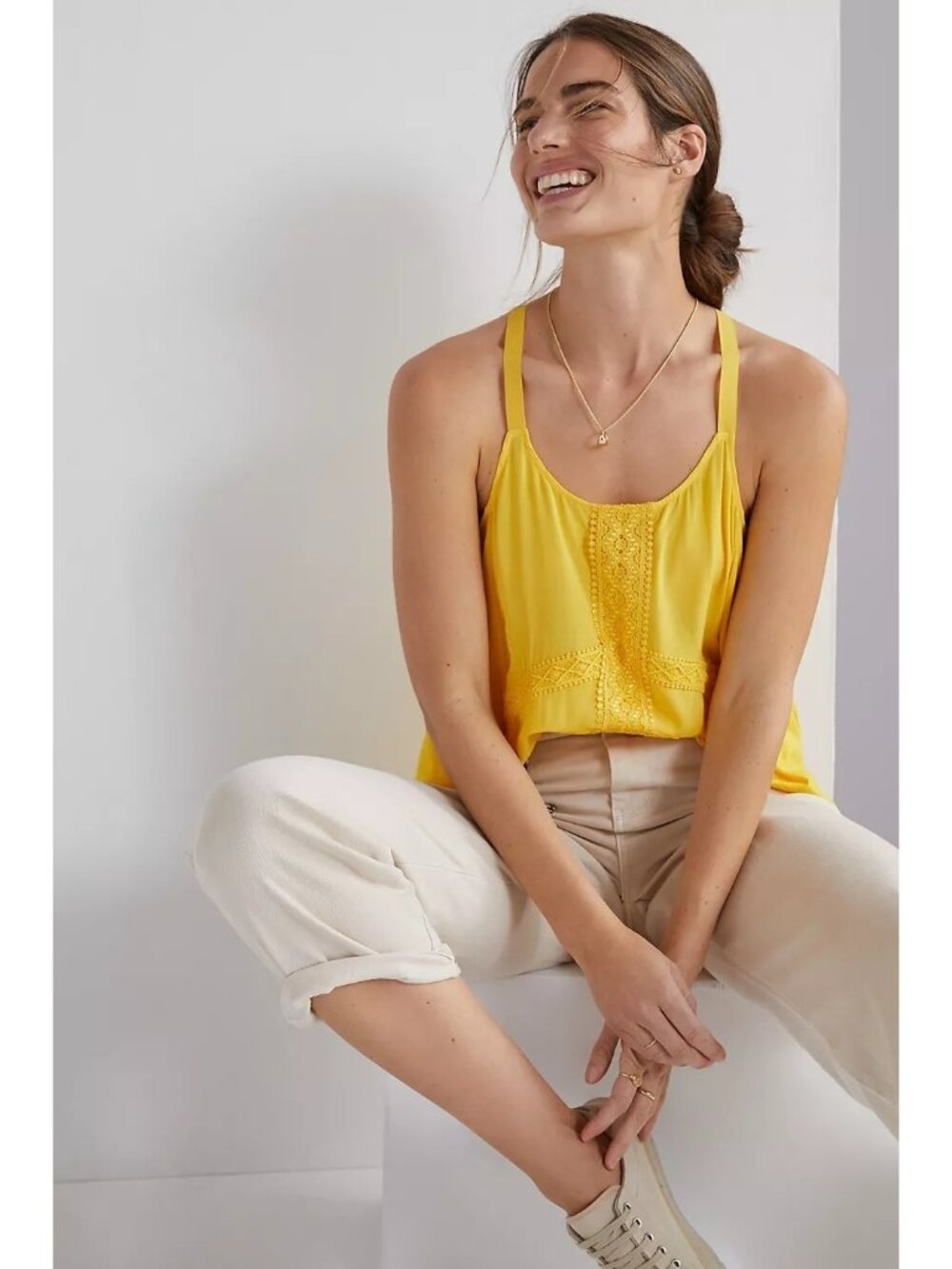 Anthropologie Yellow Embroidered Lace Tank Top